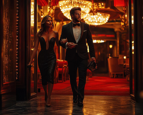 Elegant couple in luxury casino hotel